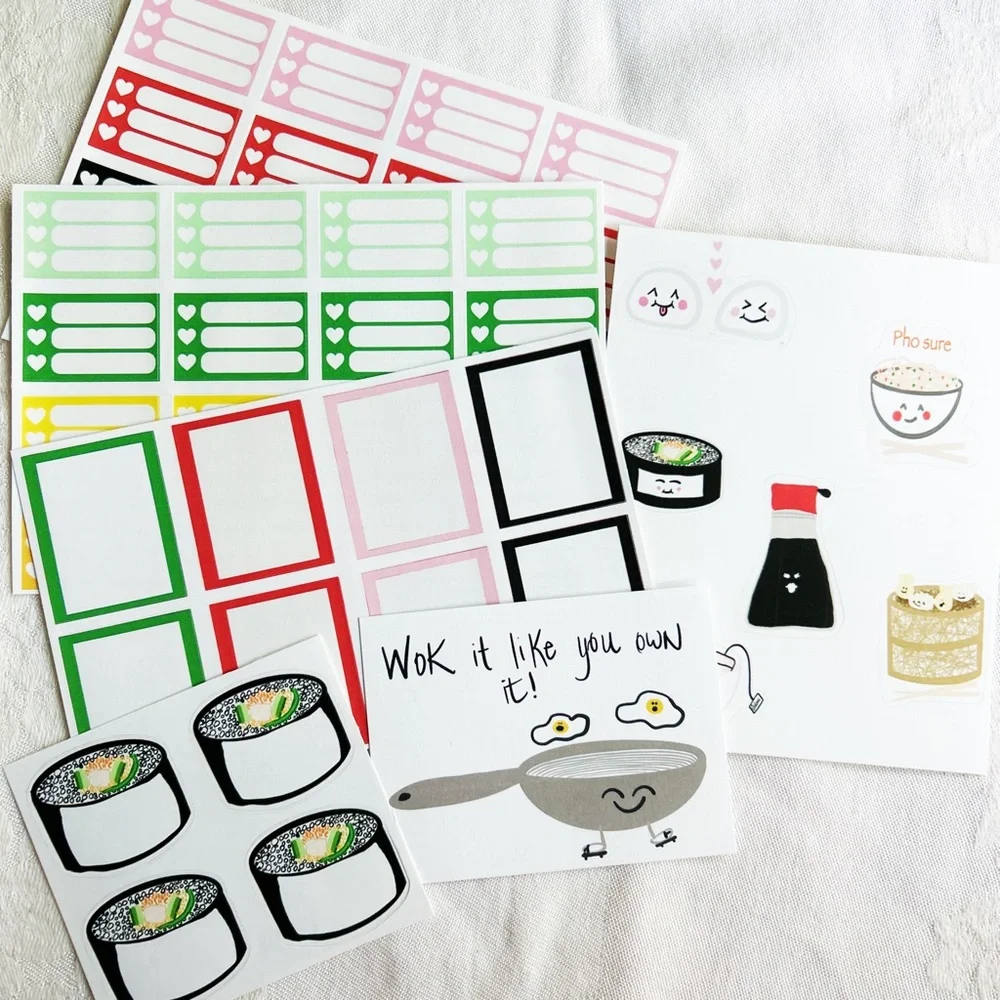 Planner sticker set Sushi Wok Pho task sheets set of 5 stickers & 1 card NEW